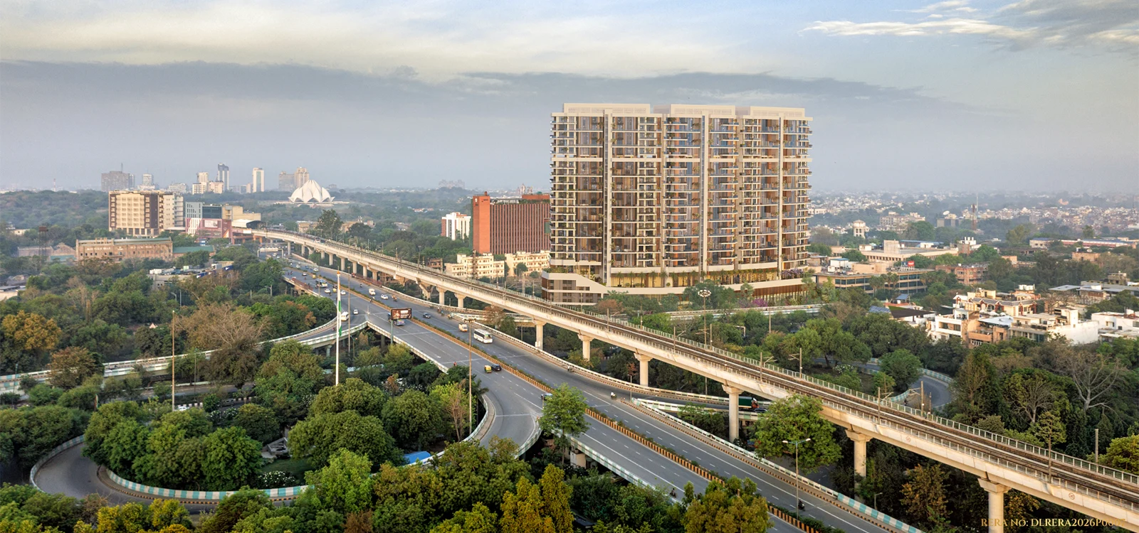 Kreeva Swaranaya aerial perspective overlooking South Delhi and Mathura Road corridor