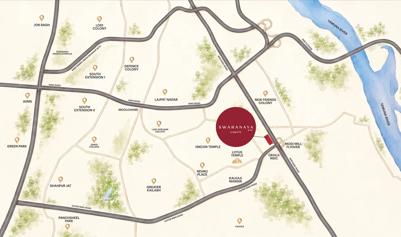 Location map of Kreeva Swaranaya showing New Friends Colony, Mathura Road, Modi Mill Flyover, Magenta Metro Line and routes towards Nehru Place, Ashram, Noida