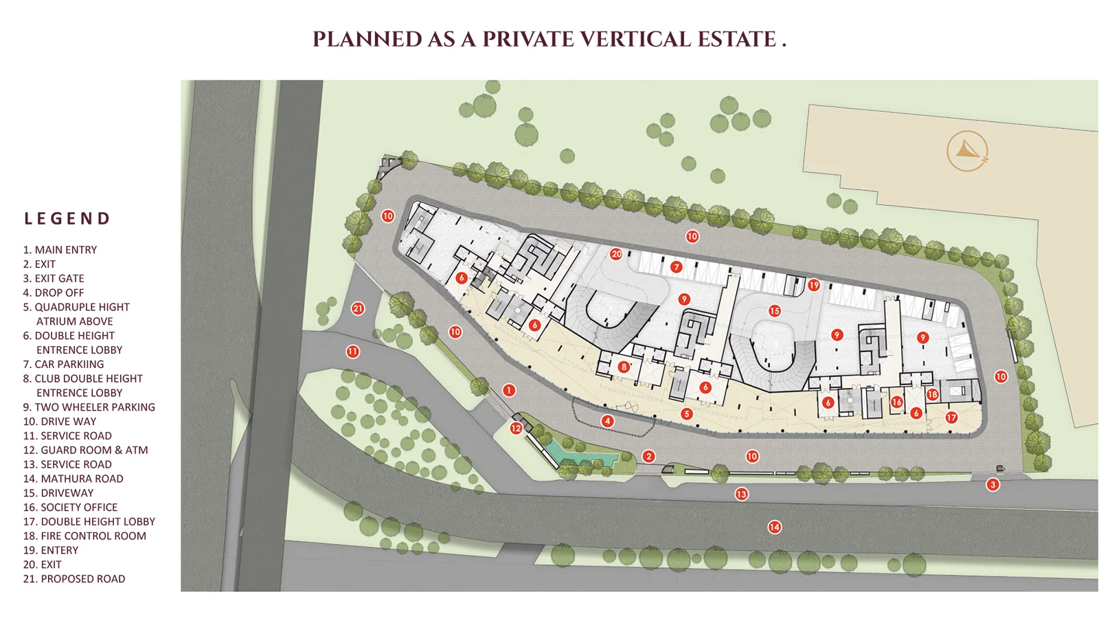 Kreeva Swaranaya site layout master plan showing entry, exit, drop off, and Mathura Road access